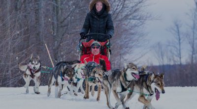 Woman driving dogsled and man sitting in sled pulled by a pack of sled dogs at Treetops Resort.