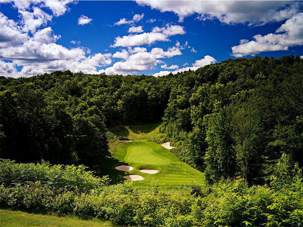 A steep drop to a tree-lined green on Threetops par 3 golf course Michigan at Treetops Resort.