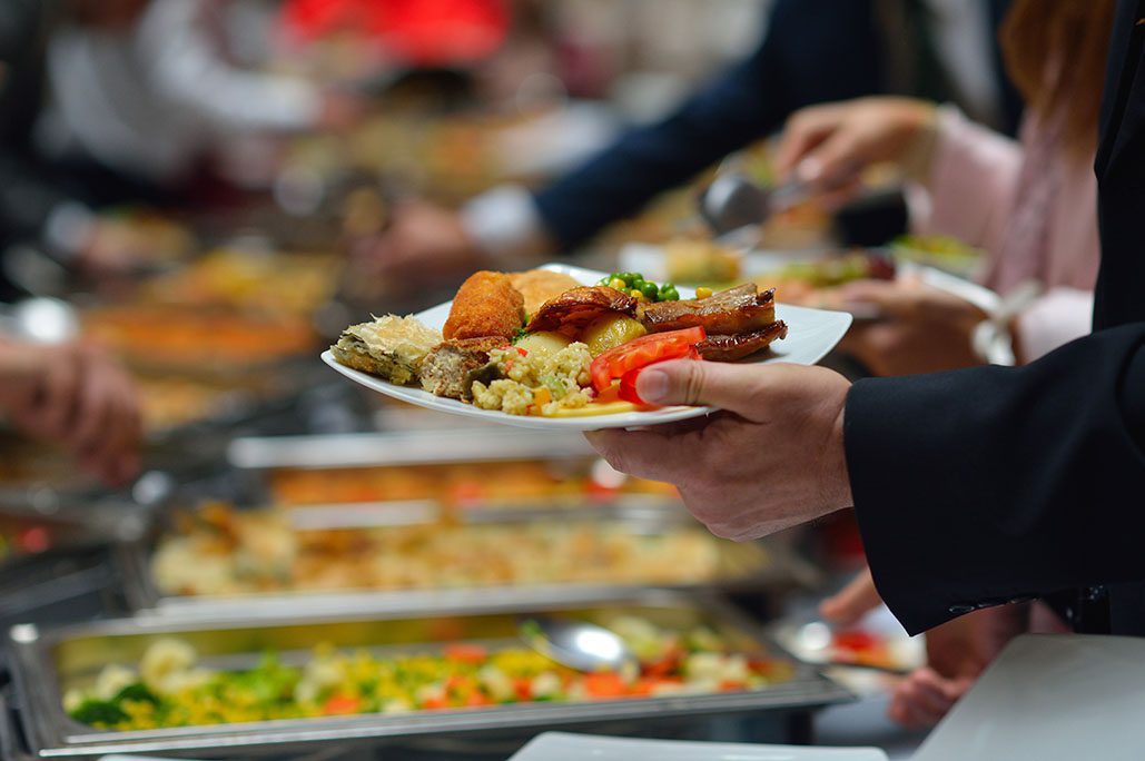 people group catering buffet food indoor in luxury restaurant with meat colorful fruits and vegetables