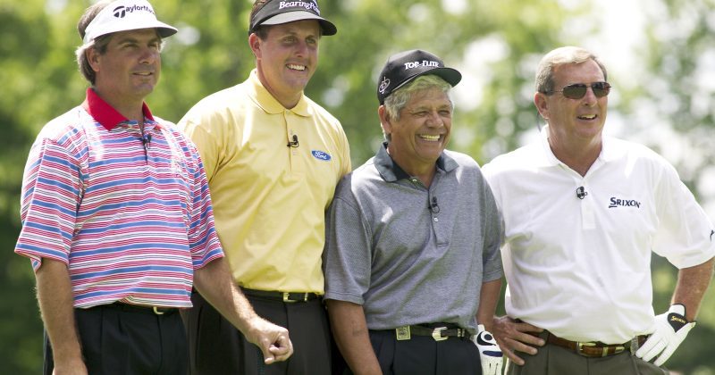 Fred Couples, Phil Mickelson, Lee Trevino, and Fuzzy Zoeller smile at the Par-3 Shootout